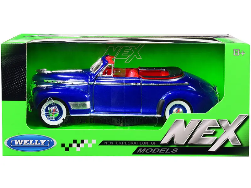 1941 Chevrolet Special Deluxe Convertible Blue Metallic With Red Interior "Nex Models" 1/24 Diecast Model Car By Welly 1