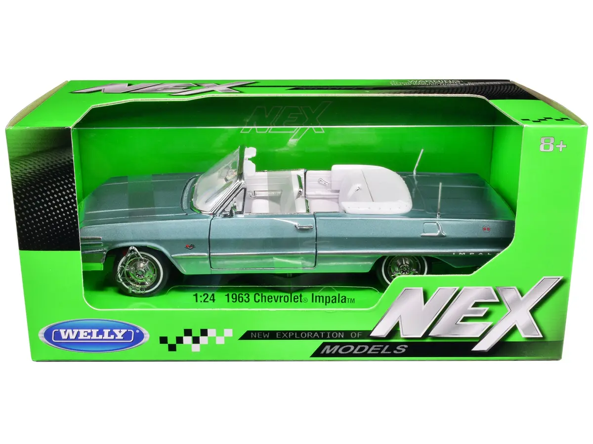 1963 Chevrolet Impala Convertible Light Blue Metallic With White Interior "Nex Models" 1/24 Diecast Model Car By Welly 1