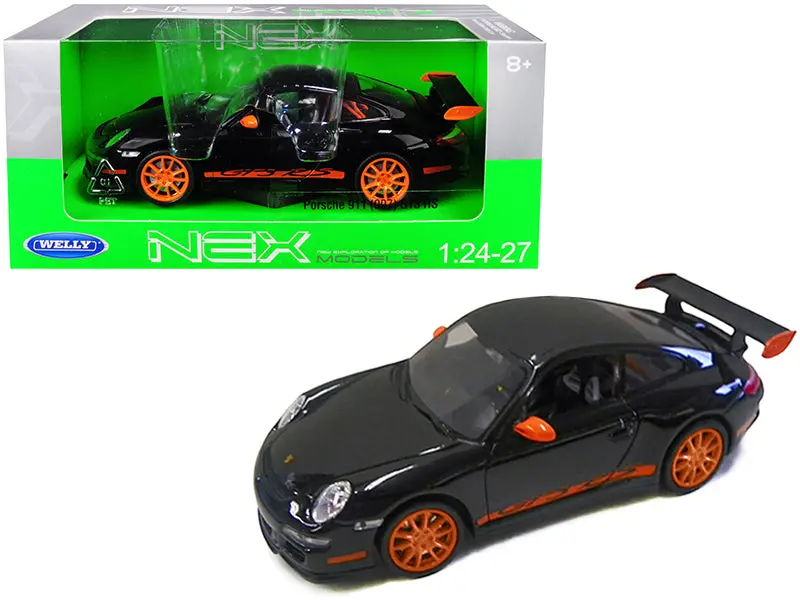 Porsche 911 (997) Gt3 Rs Black With Orange Accents 1/24 Diecast Model Car By Welly 1