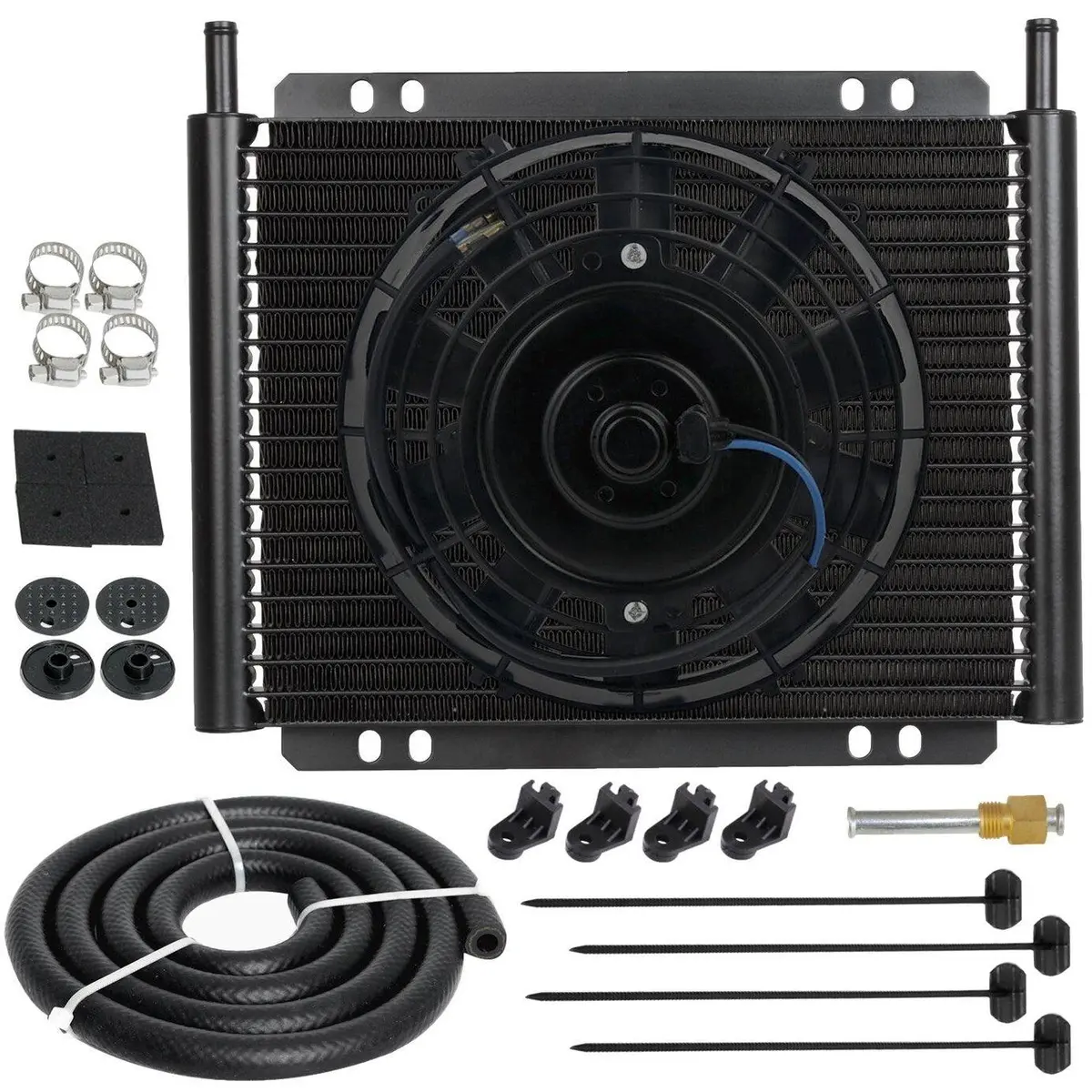 23 Row 3/8" Barbed Hose End 6An Engine Transmission Oil Cooler Electric Fan Kit 1