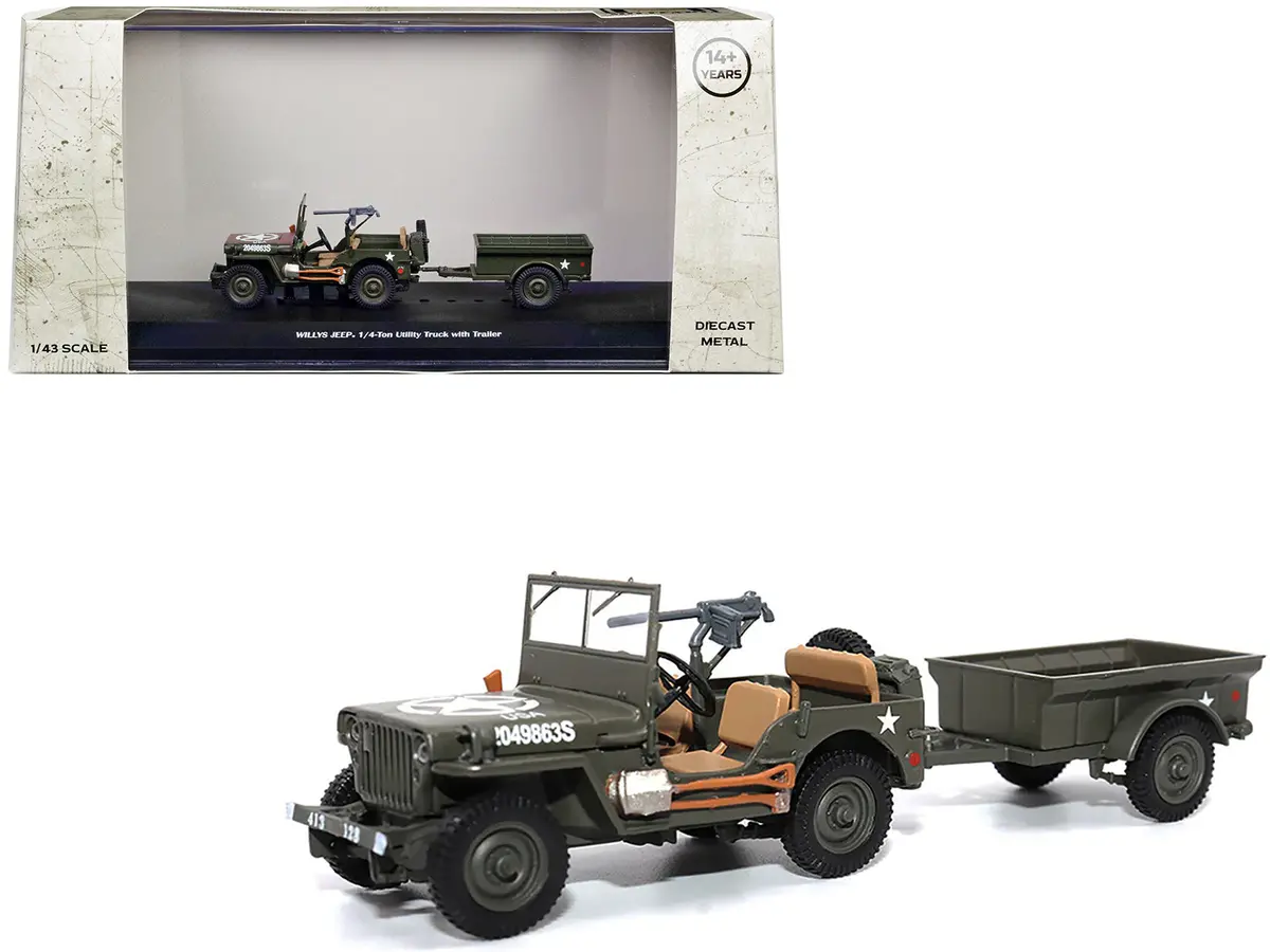Willys Jeep 1/4-Ton Utility Truck Olive Drab With Trailer "United States Army" 1/43 Diecast Model By Militaria Die Cast 1