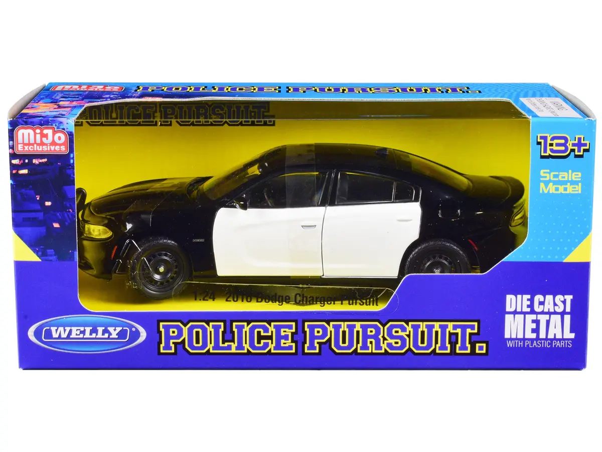 2016 Dodge Charger Pursuit Police Interceptor Black And White Unmarked "Police Pursuit" Series 1/24 Diecast Model Car By Welly 1