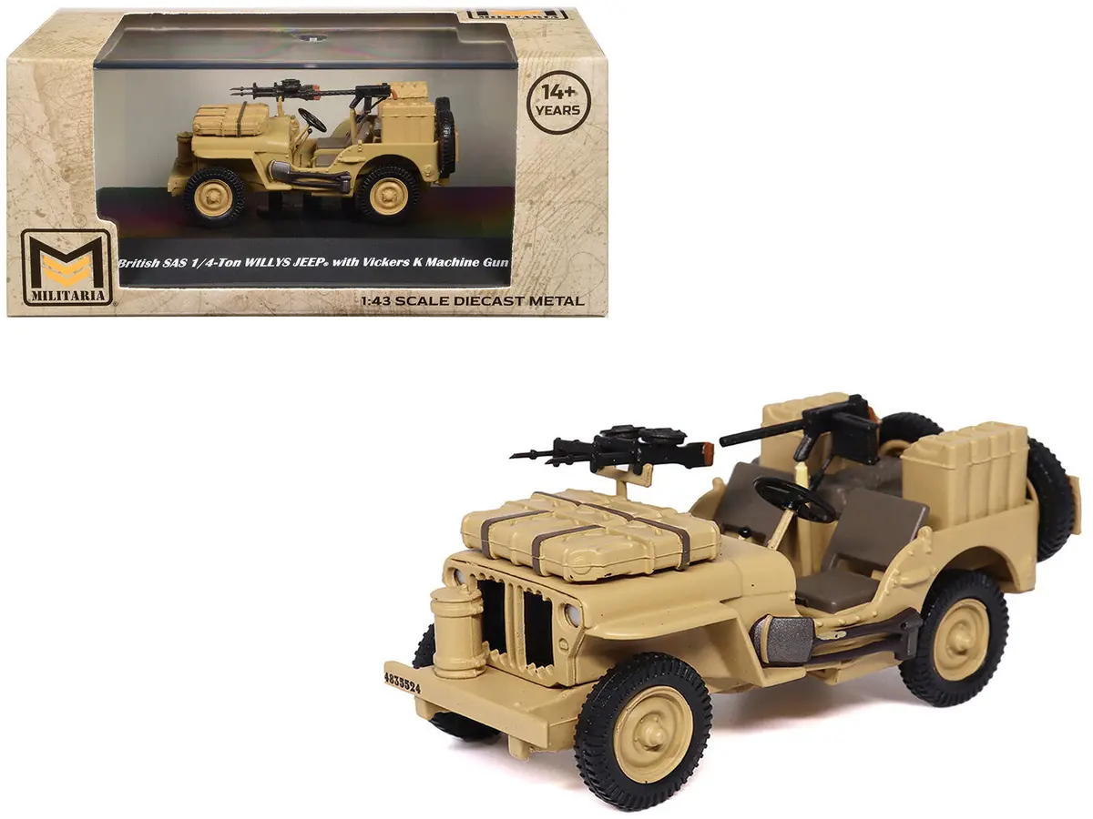 British Sas 1/4-Ton Willys Jeep With Vickers K Machine Gun Desert Sand "British Royal Army" 1/43 Diecast Model By Militaria Die Cast 1