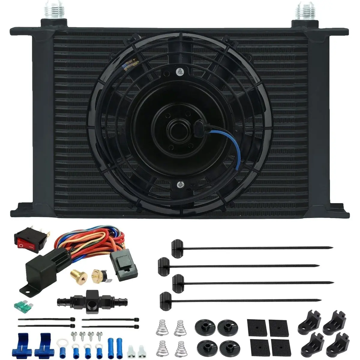 25 Row Transmission Oil Cooler Electric Fan 6-10An Hose Thermostat Switch 1