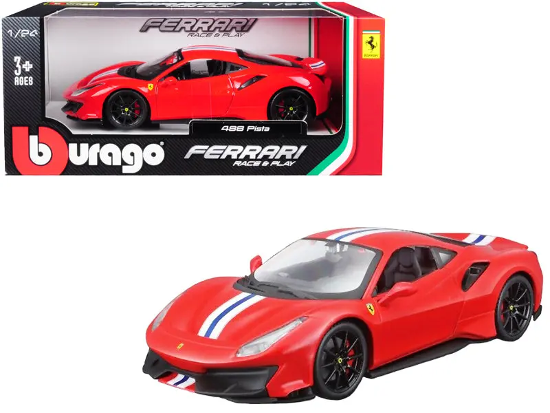 Ferrari 488 Pista Red With White And Blue Stripes 1/24 Diecast Model Car By Bburago 1