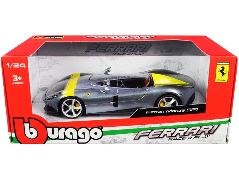 Ferrari Monza Sp1 Silver Metallic With Yellow Stripes 1/24 Diecast Model Car By Bburago 1