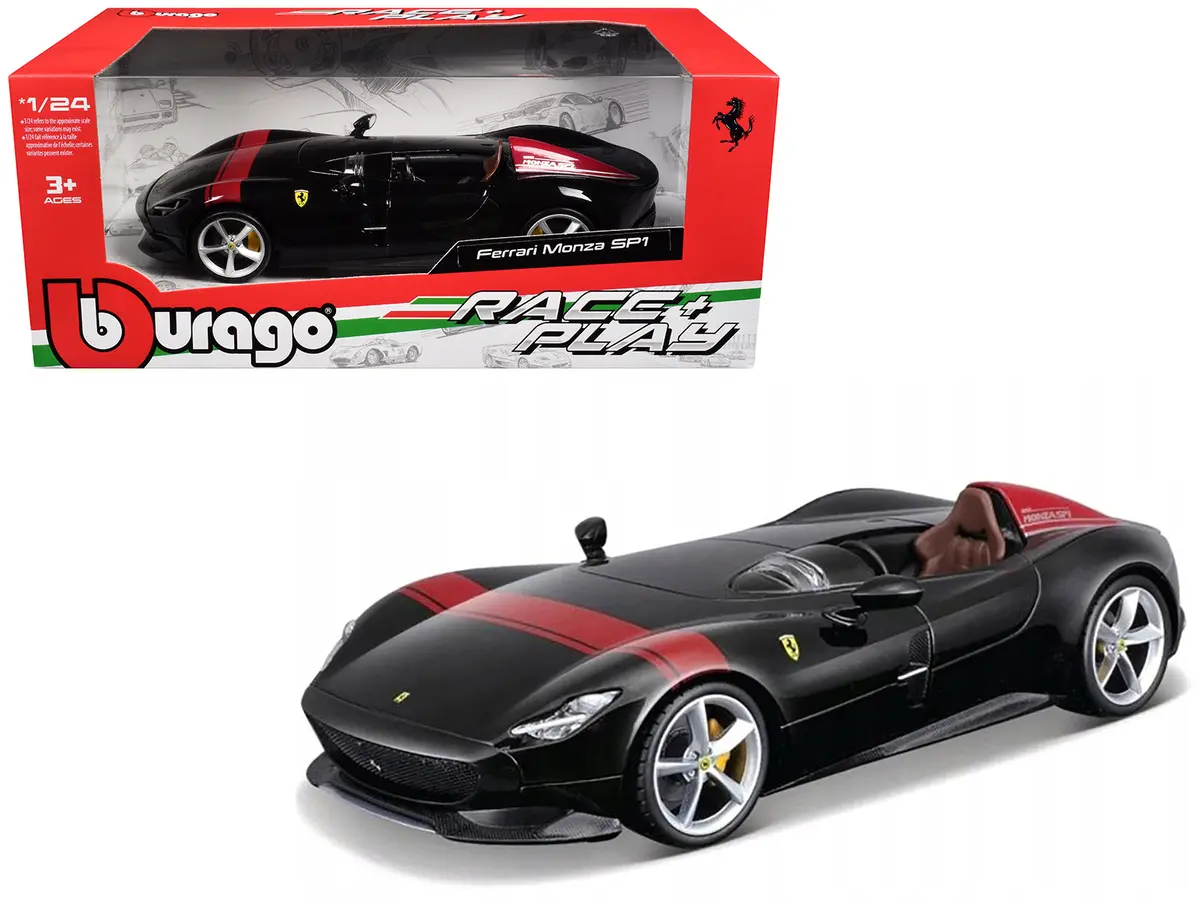 Ferrari Monza Sp1 Black Metallic With Red Stripes "Race & Play" Series 1/24 Diecast Model Car By Bburago 1