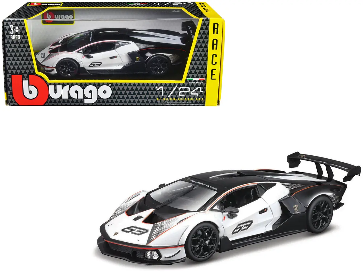 Lamborghini Essenza Scv12 #63 White And Black "Squadra Corse" "Race" Series 1/24 Diecast Model Car By Bburago 1