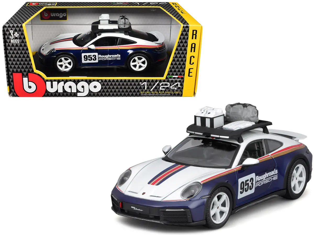 Porsche 911 Dakar #953 "Roughroads Porsche" Blue And White With Stripes And Roof Rack "Race" Series 1/24 Diecast Model Car By Bburago 1