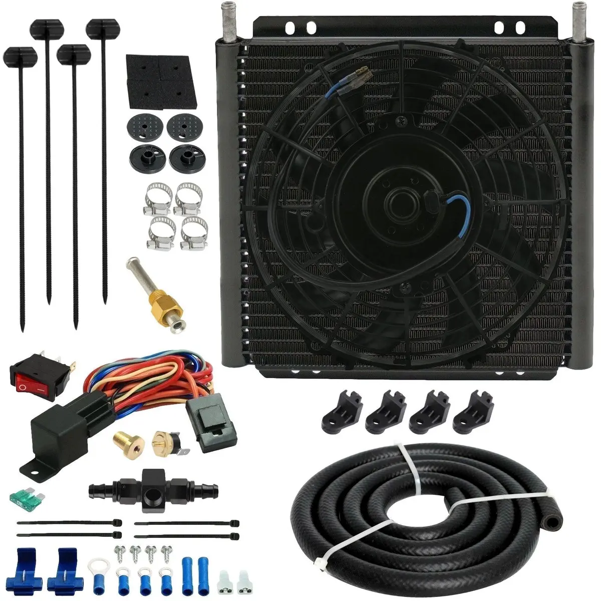 26 Row Transmission Oil Cooler Electric Fan 6An Hose Adapter Temp Switch 1