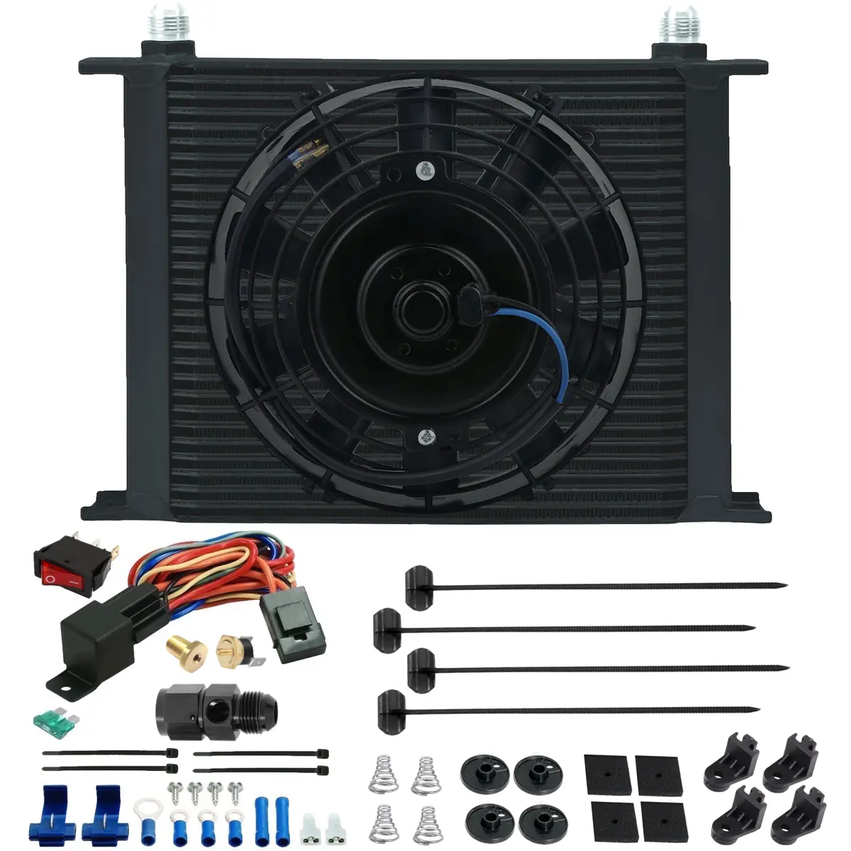 30 Row Transmission Oil Cooler Electric Fan Hose Thermostat Temp Switch Kit 1