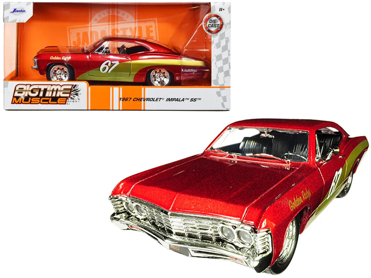 1967 Chevrolet Impala Ss #67 "Golden Ruby" Red With Gold Stripes "Bigtime Muscle" 1/24 Diecast Model Car By Jada 1