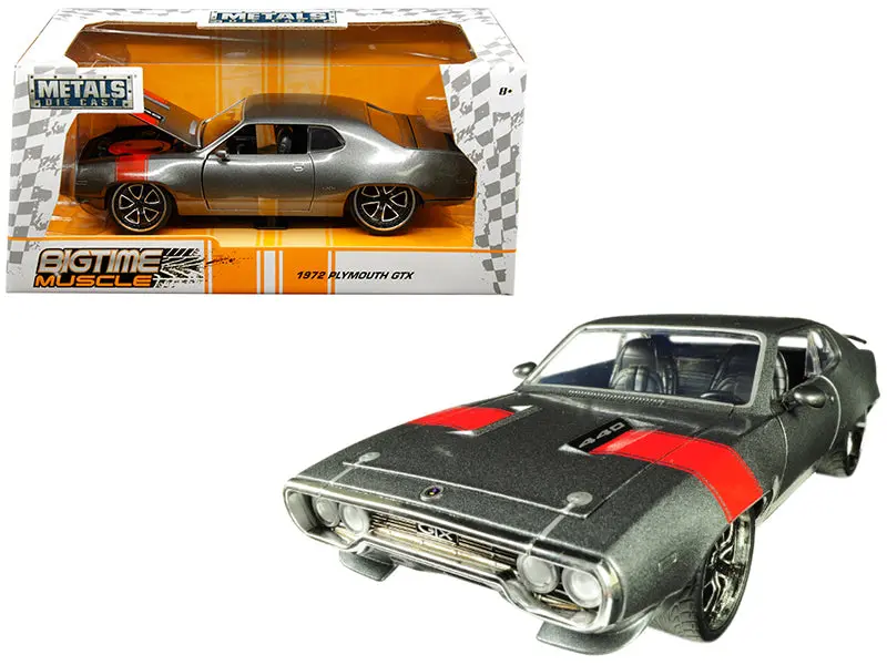 1972 Plymouth Gtx 440 Metallic Gray With Red Stripe "Bigtime Muscle" 1/24 Diecast Model Car By Jada 1