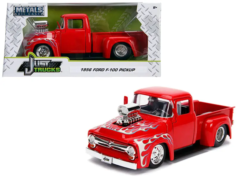 1956 Ford F-100 Pickup Truck With Blower Glossy Red With Flames "Just Trucks" Series 1/24 Diecast Model By Jada 1