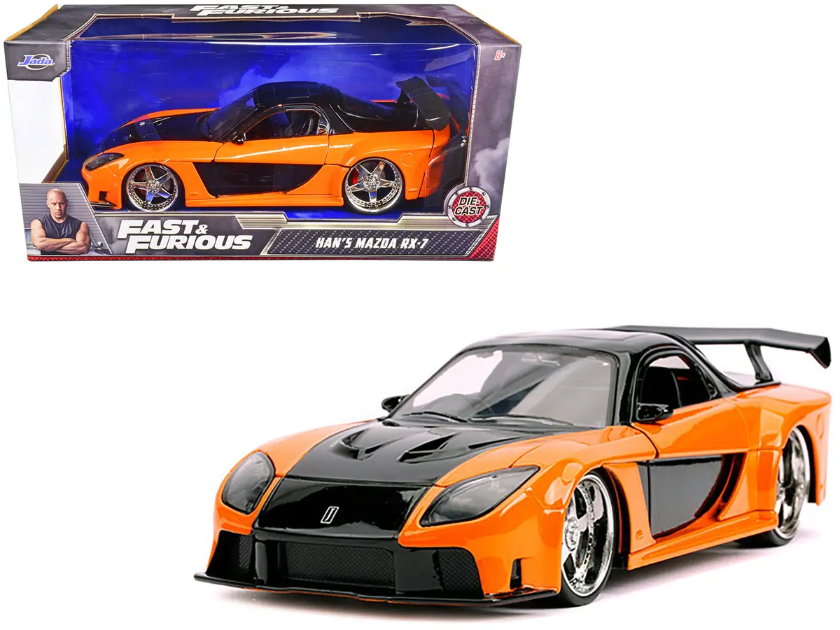 Han's Mazda Rx-7 Rhd (Right Hand Drive) Orange And Black "Fast & Furious" Movie 1/24 Diecast Model Car By Jada 1
