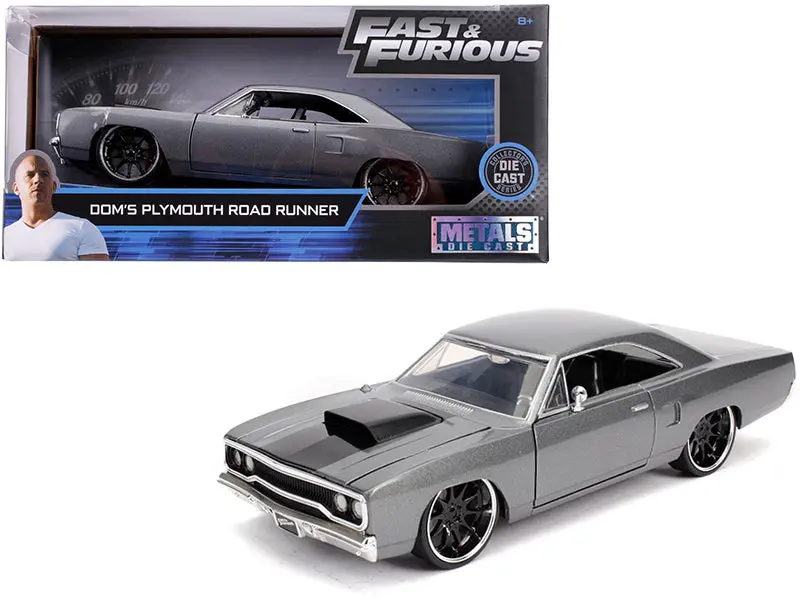 Dom's Plymouth Road Runner Metallic Gray With Black Hood Stripe "Fast & Furious" Movie 1/24 Diecast Model Car By Jada 1