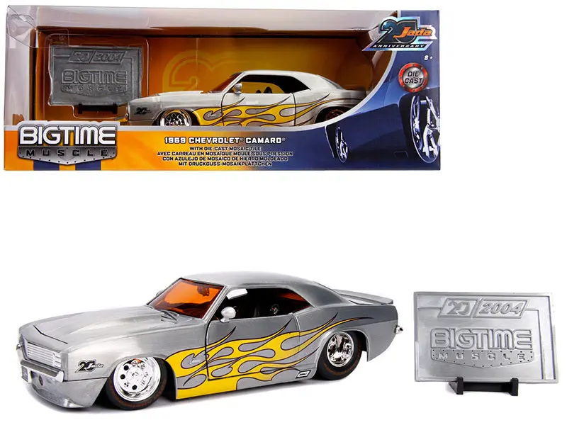 1969 Chevrolet Camaro Raw Metal With Yellow Flames "Bigtime Muscle" - "Jada 20Th Anniversary" 1/24 Diecast Model Car By Jada 1