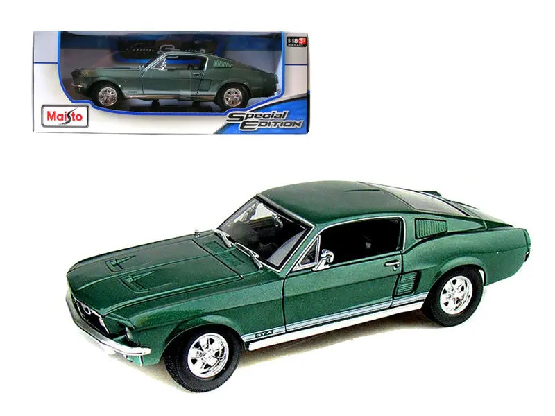 1967 Ford Mustang Fastback Gta Metallic Green With White Stripes 1/18 Diecast Model Car By Maisto 1