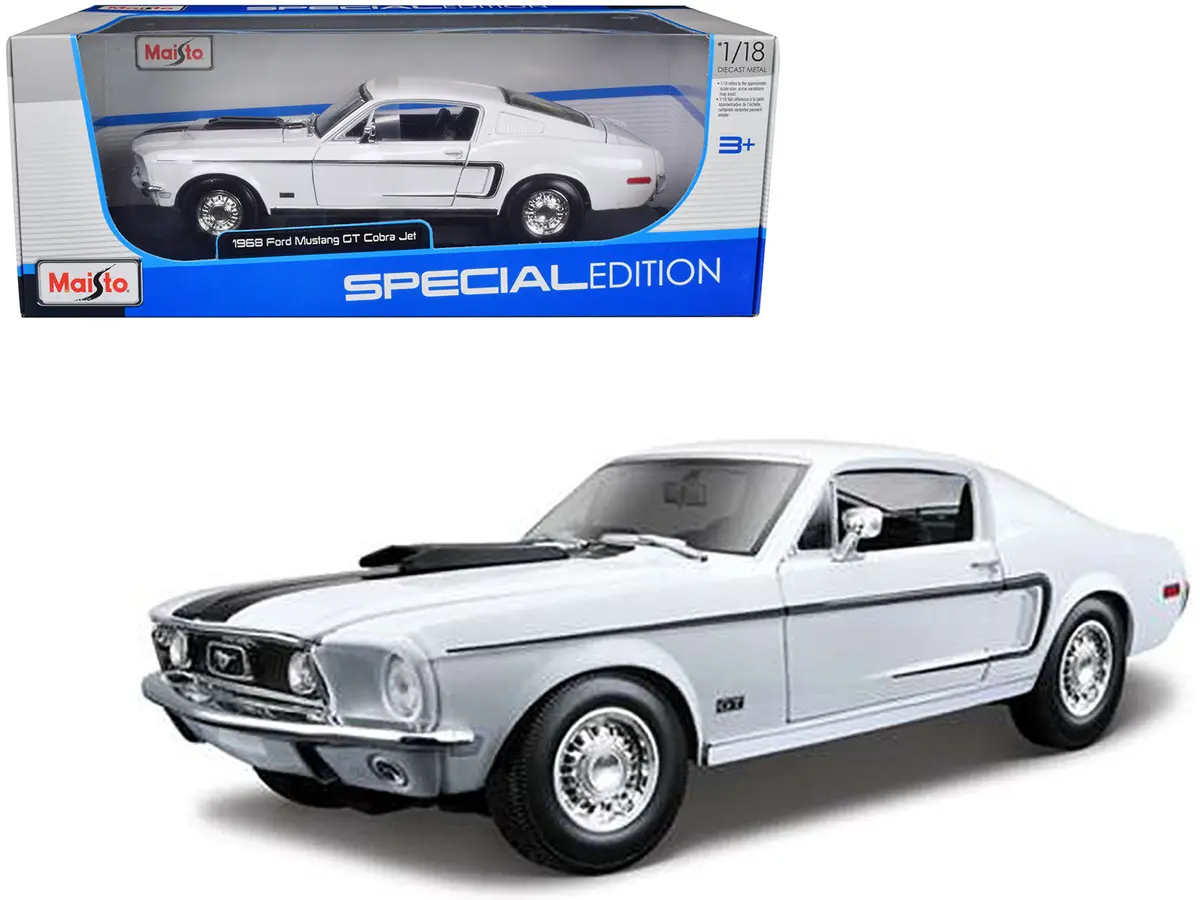 1968 Ford Mustang Cj Cobra Jet White 1/18 Diecast Model Car By Maisto 1