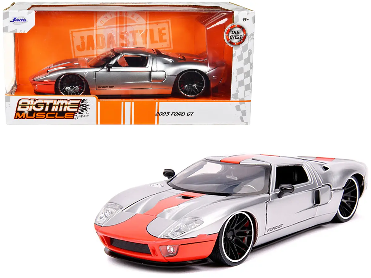 2005 Ford Gt Silver With Orange Stripe "Bigtime Muscle" 1/24 Diecast Model Car By Jada 1