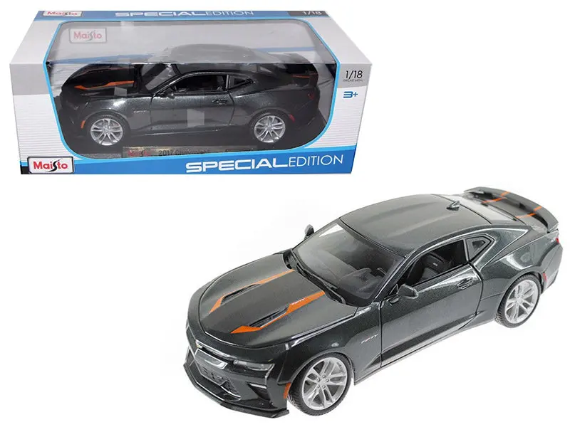 2017 Chevrolet Camaro Ss Metallic Gray With Orange Stripes "50Th Anniversary" Special Edition Series 1/18 Diecast Model Car By Maisto 1