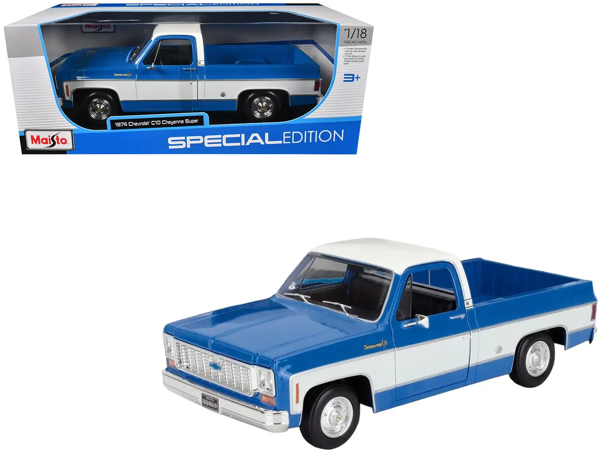 1974 Chevrolet C10 Cheyenne Super Pickup Truck Blue And White "Special Edition" Series 1/18 Diecast Model By Maisto 1