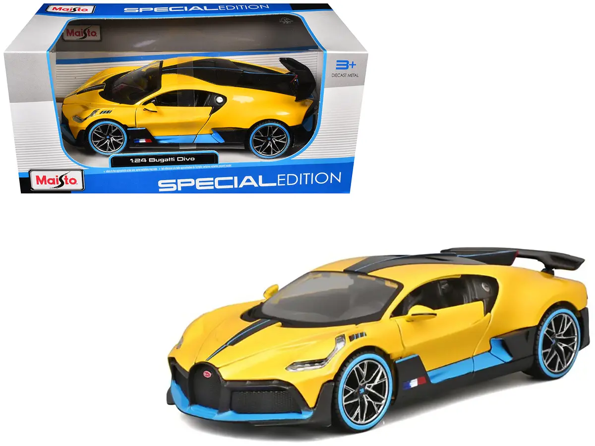 Bugatti Divo Yellow Metallic With Carbon And Blue Accents "Special Edition" 1/24 Diecast Model Car By Maisto 1