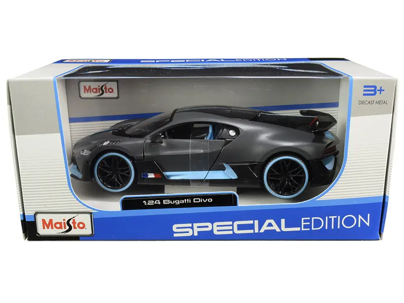 Bugatti Divo Satin Charcoal Gray With Carbon And Blue Accents "Special Edition" 1/24 Diecast Model Car By Maisto 1