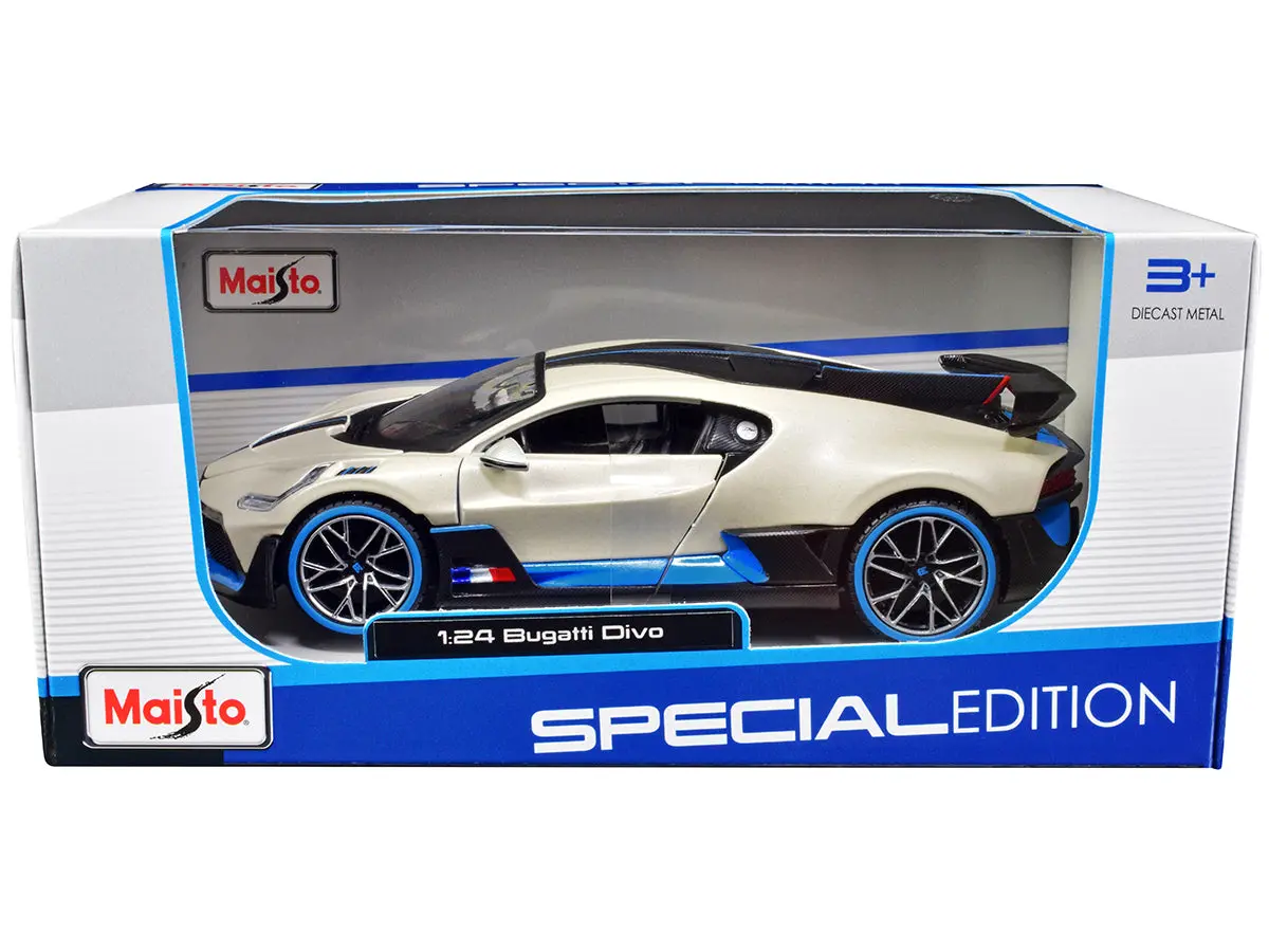 Bugatti Divo Satin White Metallic With Carbon And Blue Accents "Special Edition" 1/24 Diecast Model Car By Maisto 1