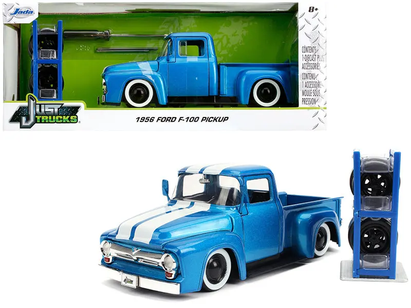 1956 Ford F-100 Pickup Truck Metallic Light Blue With White Stripes And Extra Wheels "Just Trucks" Series 1/24 Diecast Model By Jada 1