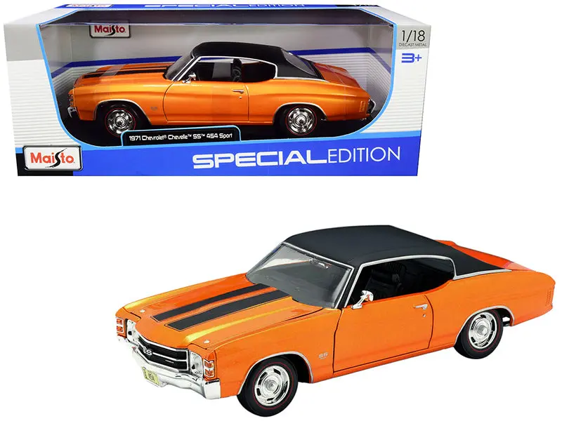 1971 Chevrolet Chevelle Ss 454 Sport Metallic Orange With Black Top And Black Stripes 1/18 Diecast Model Car By Maisto 1