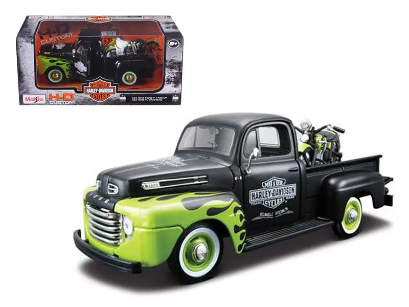 1948 Ford F-1 Pickup Truck "Harley Davidson" With A 1948 "Harley" Fl Panhead Motorcycle (Both Are Black And Green) 1/24 Diecast Models By Maisto 1