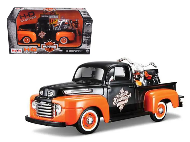 1948 Ford F-1 Pickup Truck With A 1958 Flh "Harley" Duo Glide Motorcycle (Both Are Orange And Black) 1/24 Diecast Models By Maisto 1
