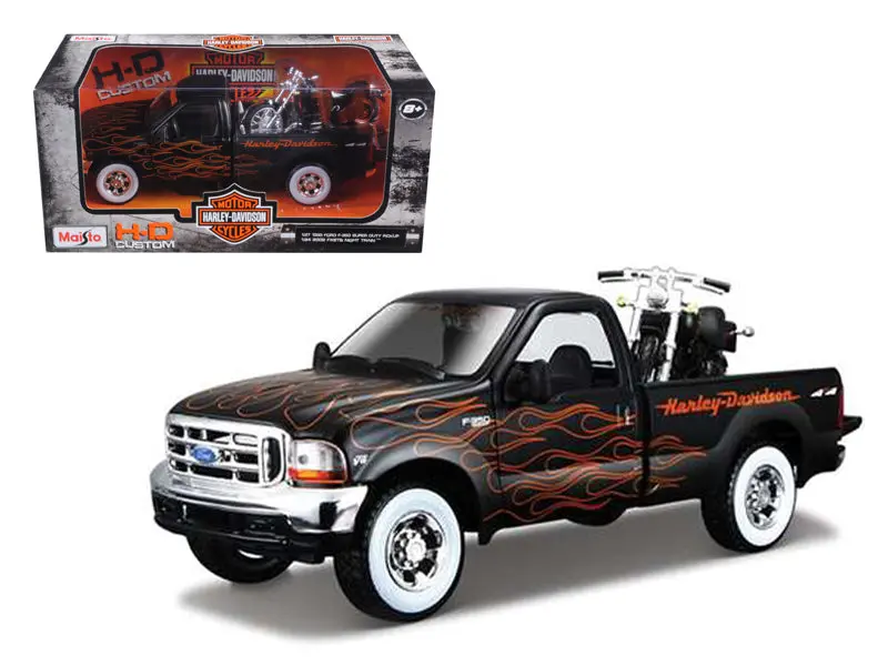 1999 Ford F-350 Super Duty Pickup Black With Flames 1/27 & 2002 Harley Davidson Flstb Motorcycle Night Train 1/24 Diecast Models By Maisto 1