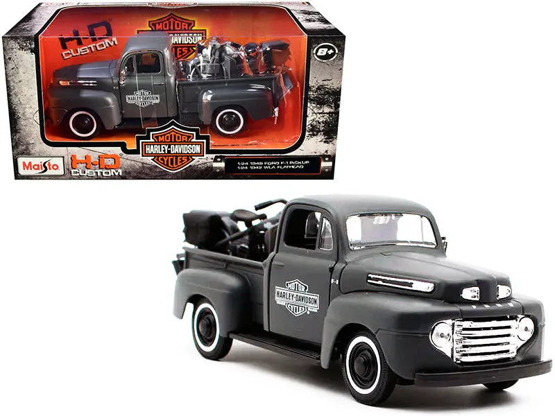 1948 Ford F-1 Pickup Truck And 1942 Harley-Davidson Wla Flathead Motorcycle Matte Dark Gray "Harley-Davidson Custom" 1/24 Diecast Models By Maisto 1