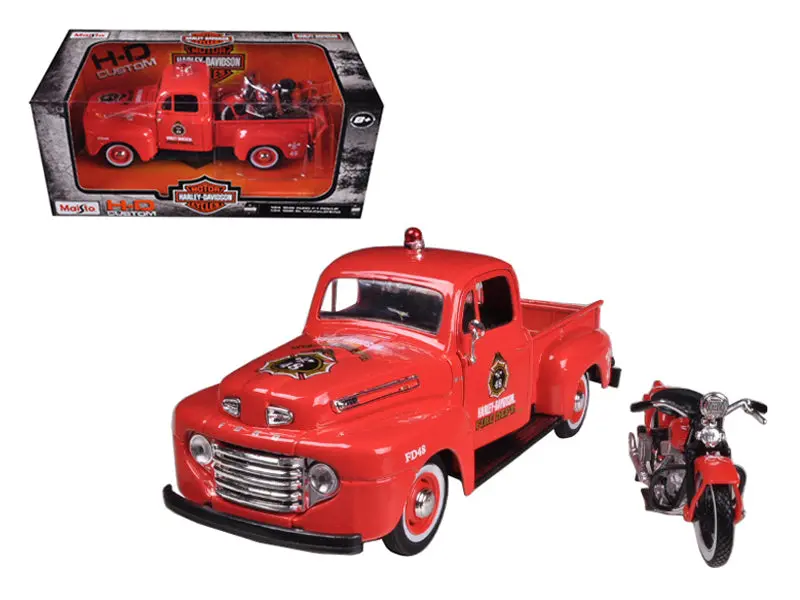 1948 Ford F-1 Pickup Truck Harley Davidson Fire With A 1936 El Knucklehead "Harley Davidson" Motorcycle 1/24 Diecast Models By Maisto 1