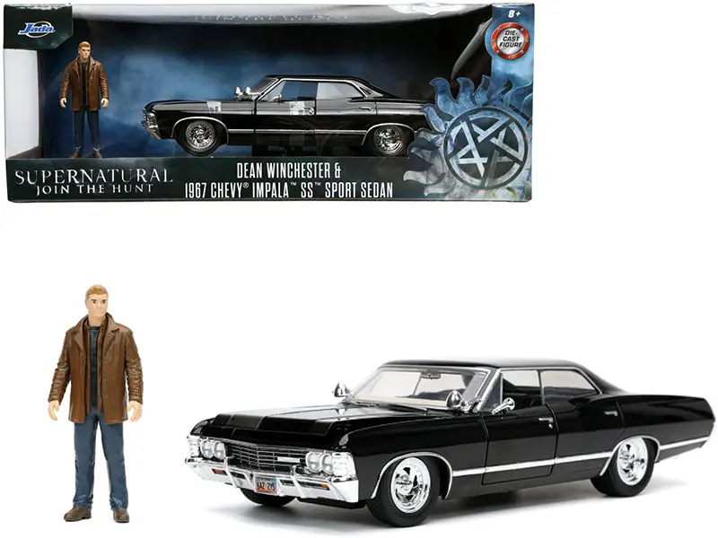1967 Chevrolet Impala Ss Sport Sedan Black And Dean Winchester Diecast Figure "Supernatural" (2005-2020) Tv Series "Hollywood Rides" Series 1/24 Diecast Model Car By Jada 1