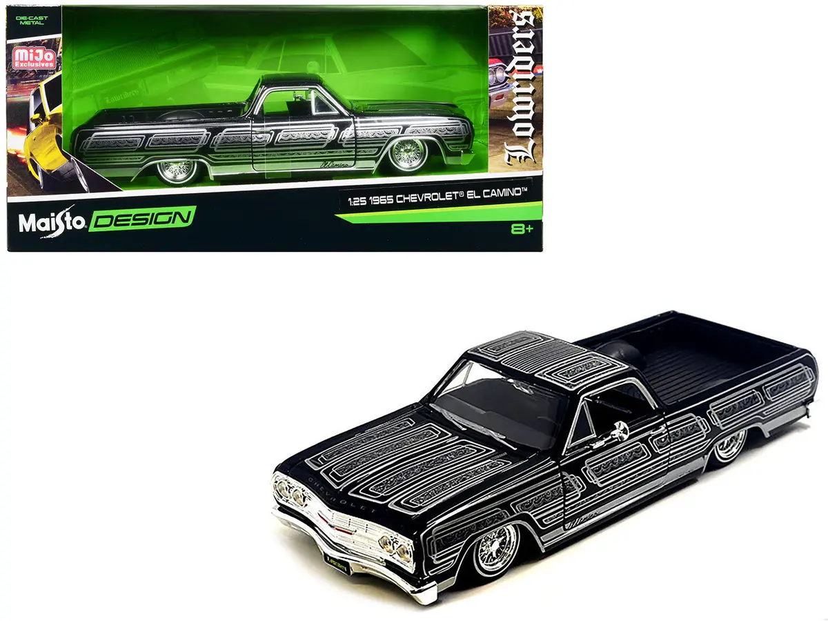 1965 Chevrolet El Camino Lowrider Black Metallic With Silver Graphics "Lowriders" Series 1/25 Diecast Model By Maisto 1