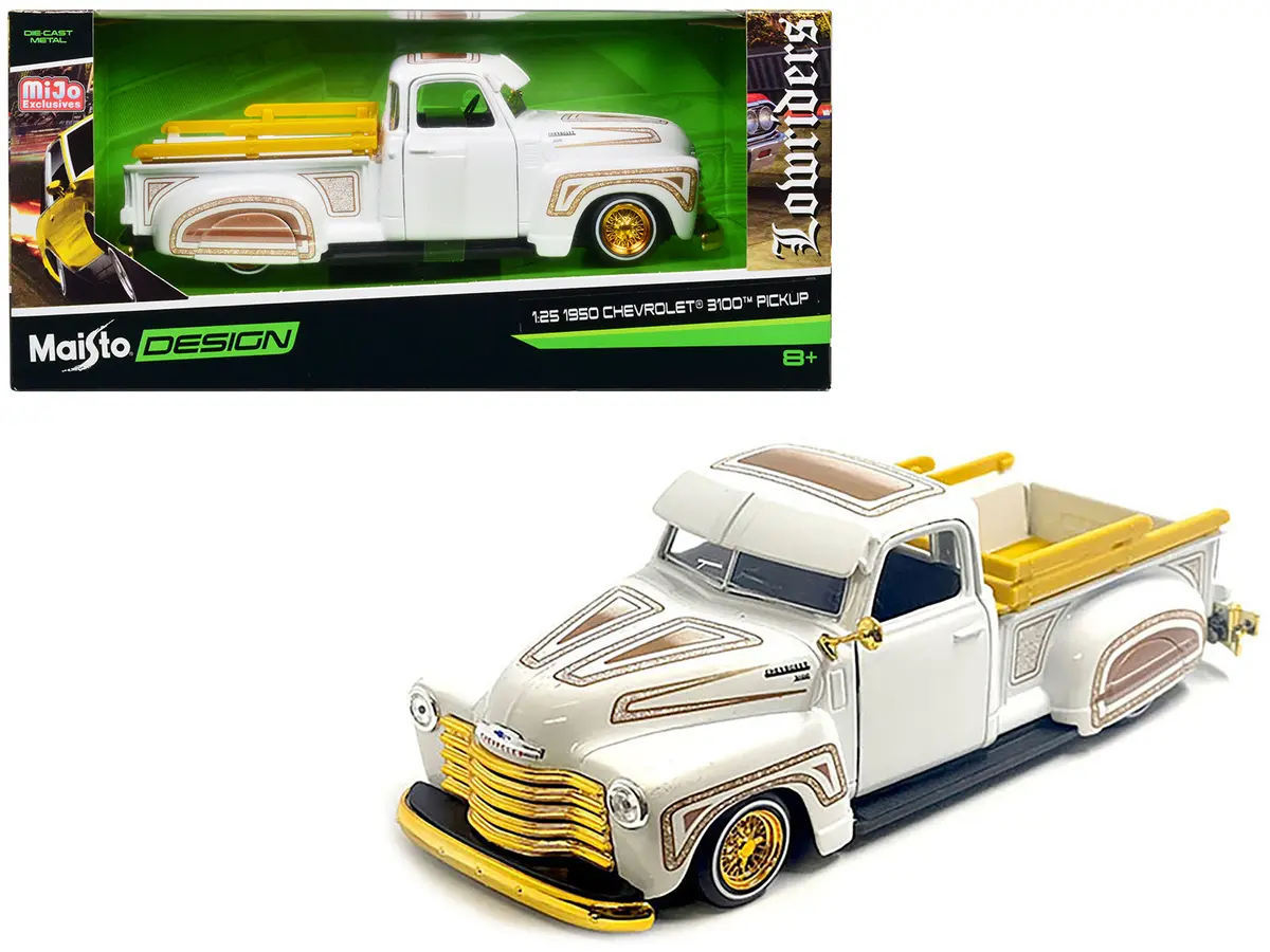 1950 Chevrolet 3100 Pickup Truck Lowrider White With Graphics And Gold Wheels "Lowriders" Series 1/25 Diecast Model By Maisto 1