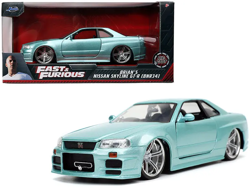 Brian's Nissan Skyline Gt-R (Bnr34) Rhd (Right Hand Drive) Turquoise Metallic "Fast & Furious" Movie 1/24 Diecast Model Car By Jada 1