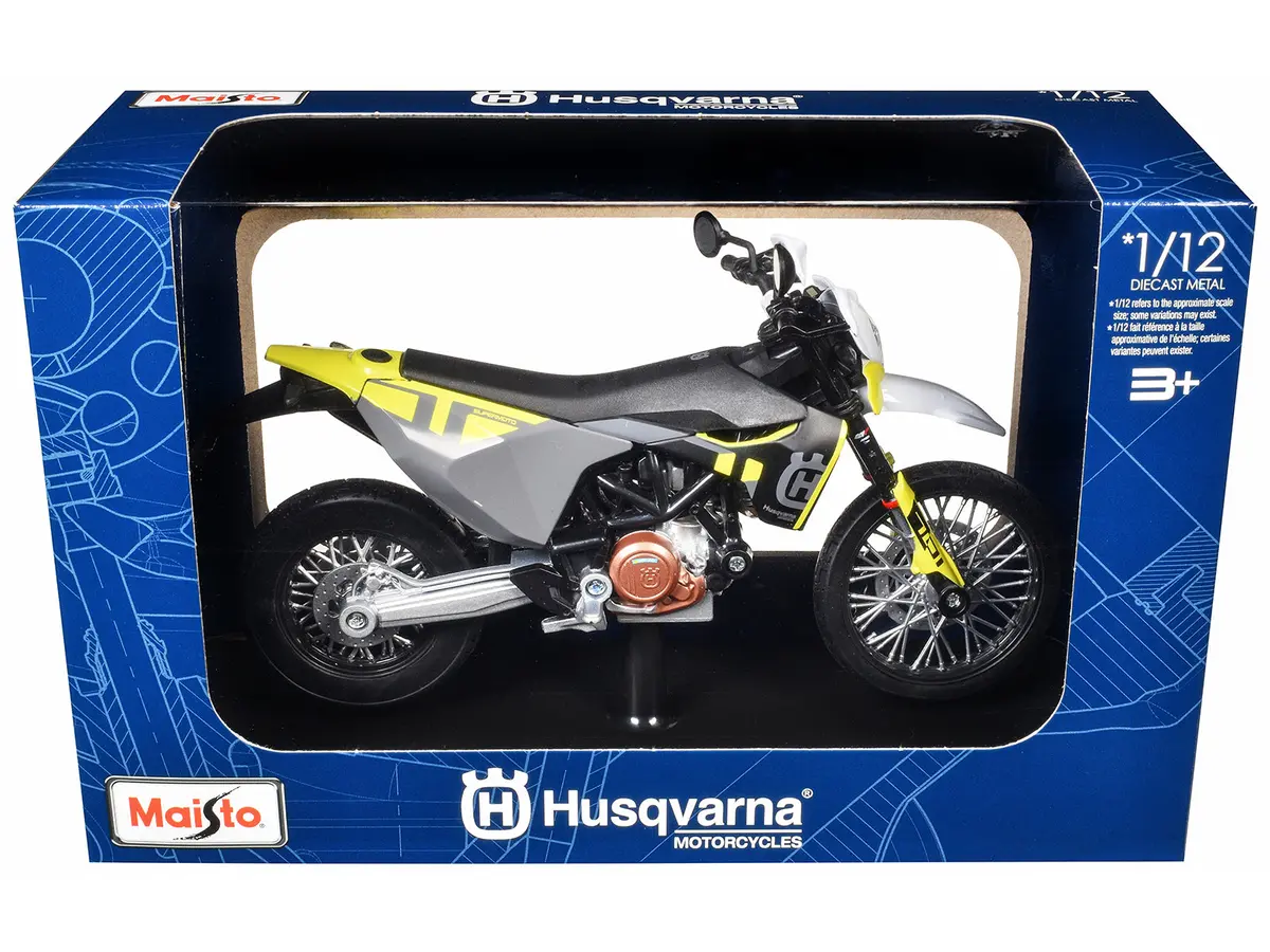 2023 Husqvarna 701 Supermoto Motorcycle Matte Black And Gray With Yellow And White Accents With Display Base 1/12 Diecast Model By Maisto 1