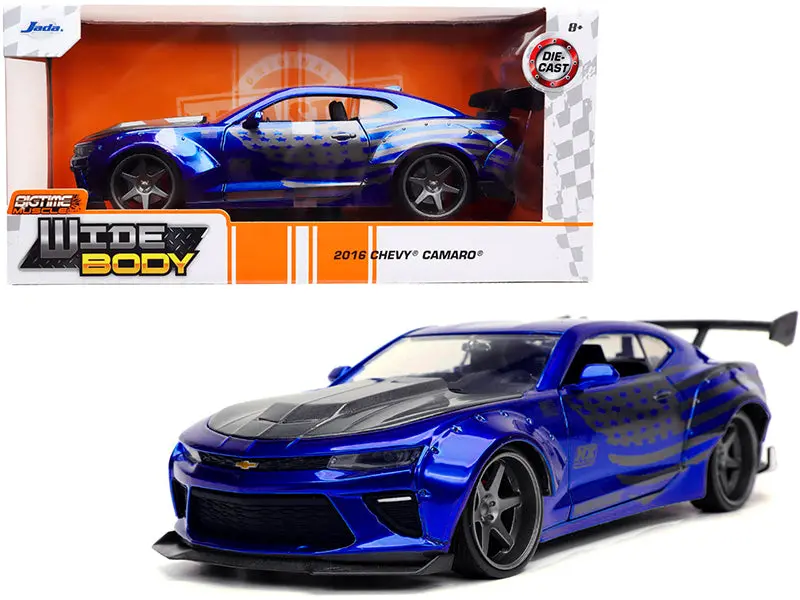 2016 Chevrolet Camaro Widebody Candy Blue With Gray Metallic Hood And American Flag Graphics "Bigtime Muscle" Series 1/24 Diecast Model Car By Jada 1