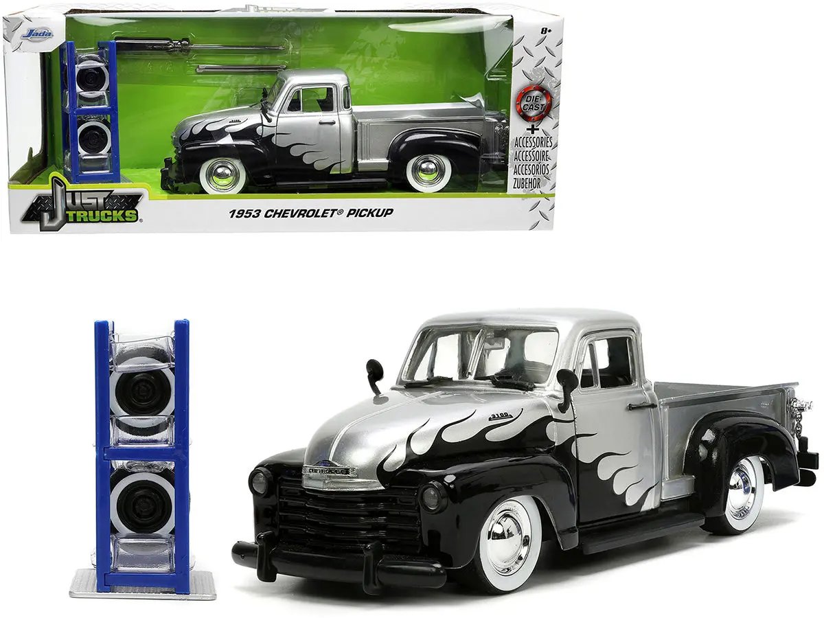 1953 Chevrolet 3100 Pickup Truck Silver Metallic With Black Flames With Extra Wheels "Just Trucks" Series 1/24 Diecast Model By Jada 1
