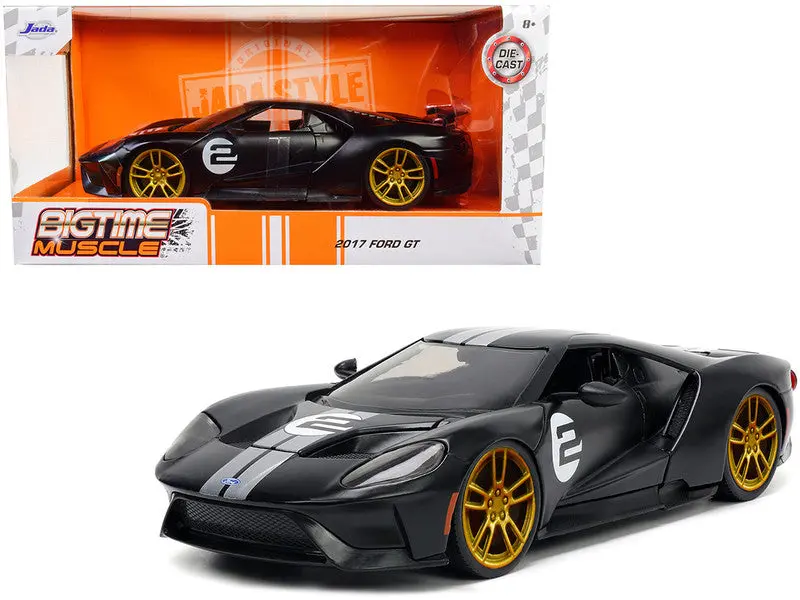 2017 Ford Gt #2 Matte Black With Silver Stripes And Gold Wheels "Bigtime Muscle" Series 1/24 Diecast Model Car By Jada 1