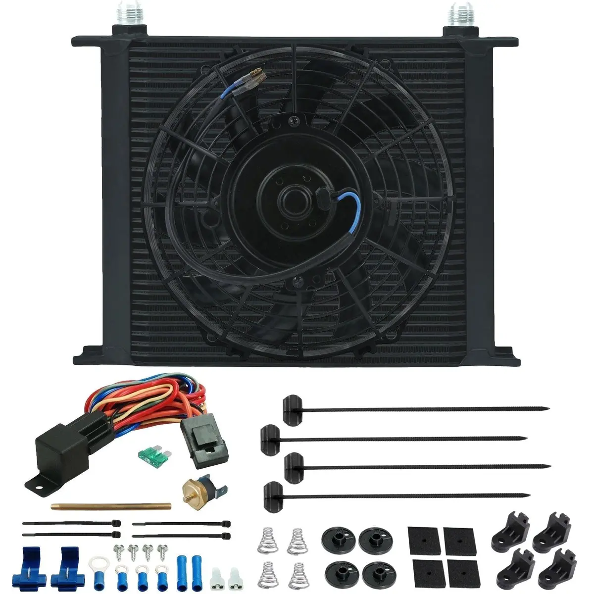 34 Row Transmission Oil Cooler Electric Fan Fin Probe Thermostat Switch Kit 1