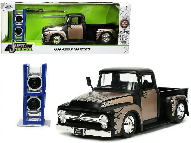 1956 Ford F-100 Pickup Truck Matte Black And Champagne With Flames With Extra Wheels "Just Trucks" Series 1/24 Diecast Model By Jada 1