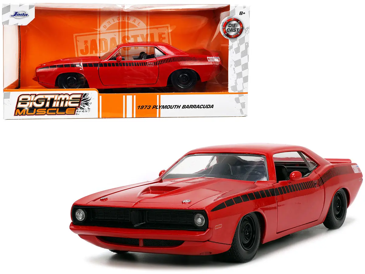 1973 Plymouth Barracuda Red With Black Stripes "Bigtime Muscle" Series 1/24 Diecast Model Car By Jada 1