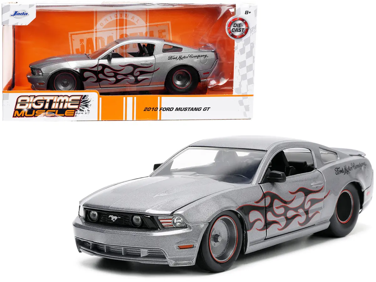 2010 Ford Mustang Gt Gray Metallic With Flames "Ford Motor Company" "Bigtime Muscle" Series 1/24 Diecast Model Car By Jada 1