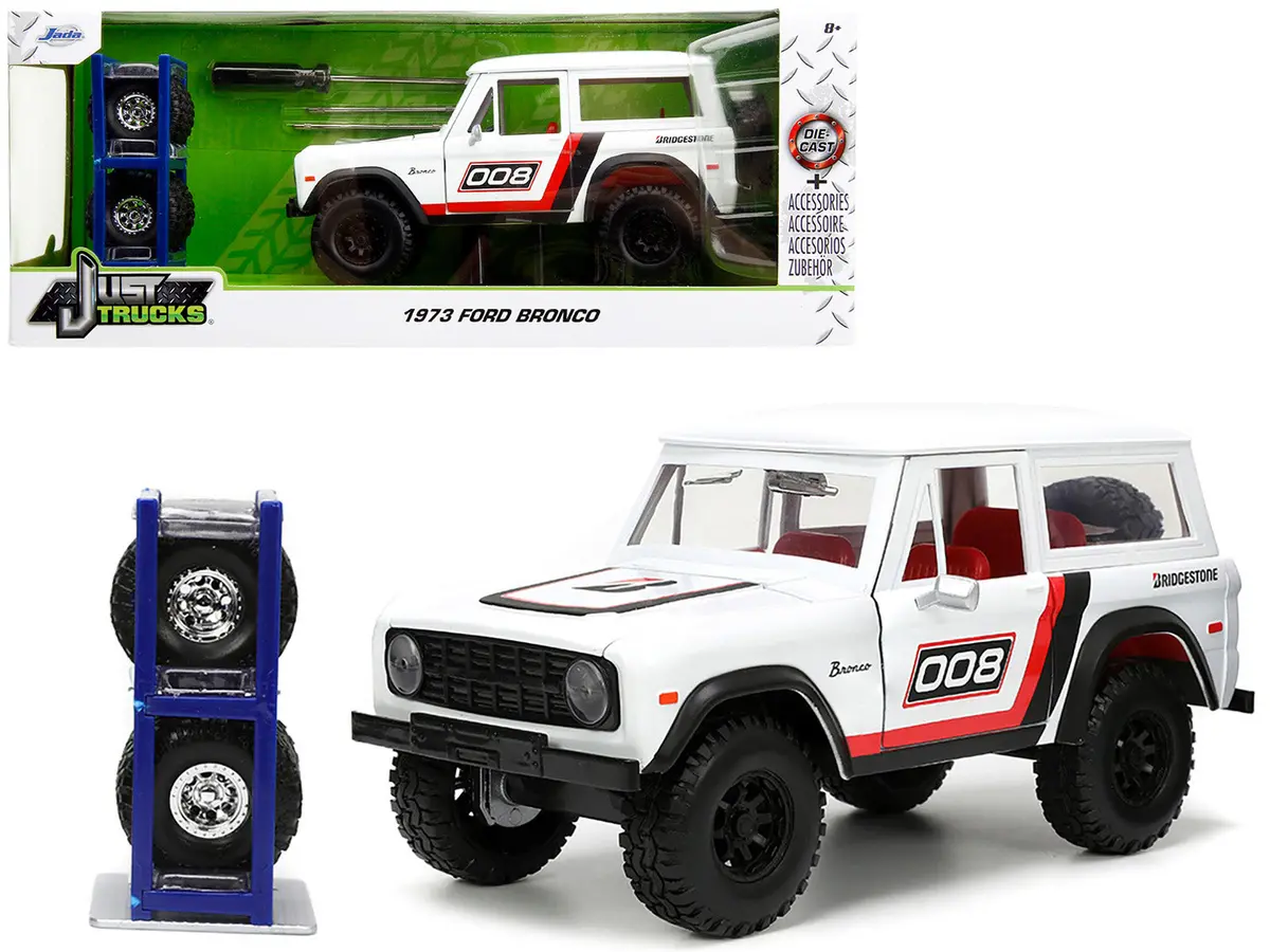 1973 Ford Bronco #008 White With Red And Black Stripes And Red Interior With Extra Wheels "Just Trucks" Series 1/24 Diecast Model By Jada 1