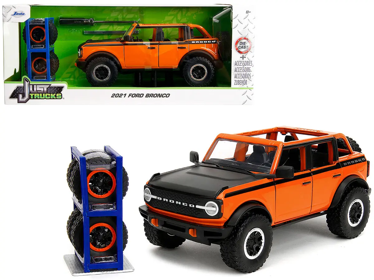 2021 Ford Bronco Open-Top Orange With Black Stripes And Hood With Extra Wheels "Just Trucks" Series 1/24 Diecast Model By Jada 1